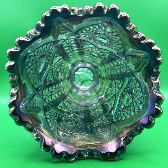 Vintage 1950s Imperial Carnival Glass Daisy Button Green Flared Vase Crimped Rim - Picture 13 of 16